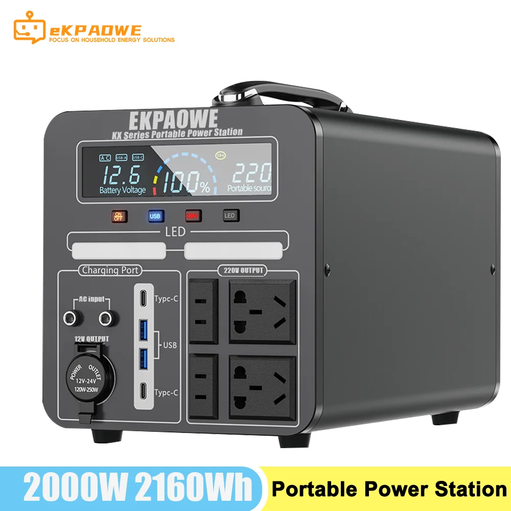 2000W Solar Generator 2160Wh Portable Power Station 230V 240V Pure Sine Wave 2000w Solar Panles Fast Charge EU Plug  For Home